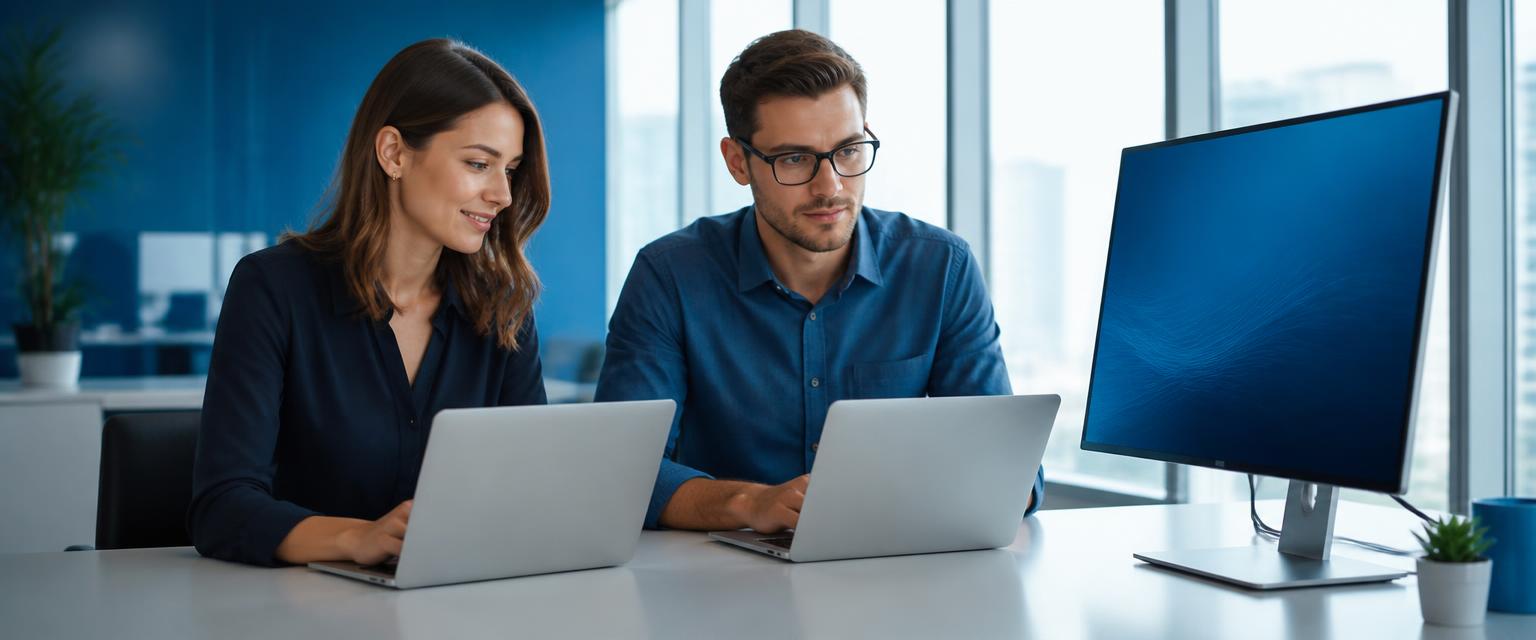 Dos profesionales trabajando con portátiles Dell y un monitor Dell en una oficina moderna