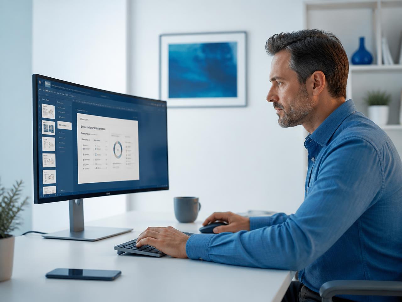 Profesional usando un monitor Dell en su espacio de trabajo